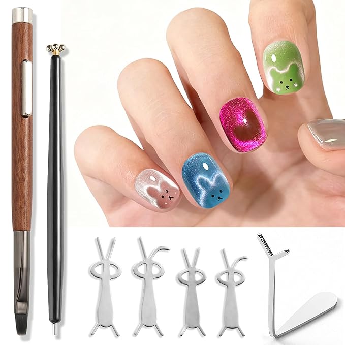 3 in 1 Cat Eye Magnet Brush Pen, Double-Ended Magnetic Wand with Brush for Cat Eye Gel Nail Polish, Heart Bunny Spiral Swirl Effect Nail Art Tools, Multifunctional Manicure Accessories