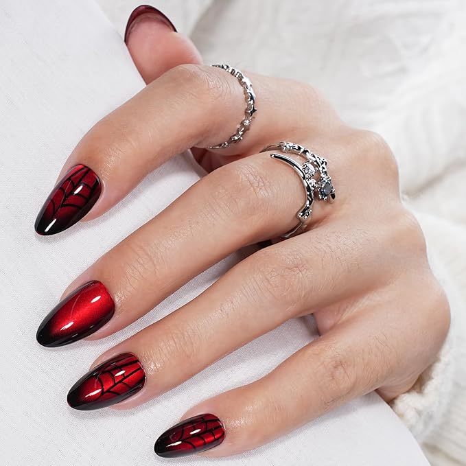 Red Spider Web Cat Eye Press On Nails Short Almond, Glossy Reusable Press On Nails for Women, 32 Count 16 Sizes Nail Kit with Glue (SV-10)
