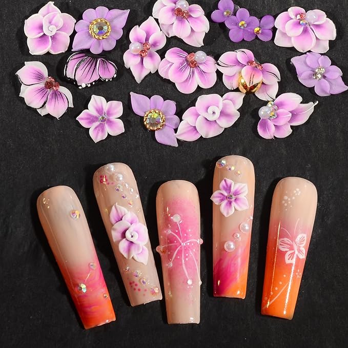 30PCS 3D Handmade Flower Nail Art Charms Advanced Handcrafted Cherry Blossom Flower Colorful Sculpted Floral Nails with Rhinestone Caviar Beads Design for Women Profession Nail Art Craft Jewelry