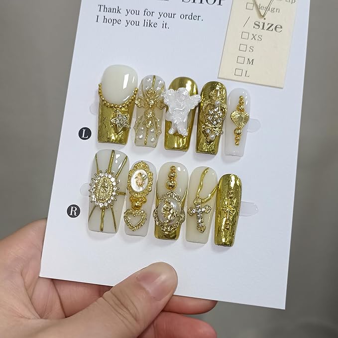 Baroque Press on Nails Long Coffin 3D Embossed Pearl Cross Charm Luxury False Nails for Women Gold Glam Royal Cathedral Style Glue on Nails for Parties Holiday Events(L)