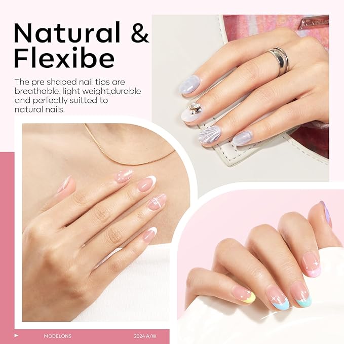 modelones X Nail Gel Kit Short Oval Round, Upgrade 510Pcs Fake Nails 15Sizes, 9-in-One Glue Prep Dehydrator & Mini U V Light Clipper, Pre-shaped Half Matte Press on Oval Tips for Extension DIY Salon