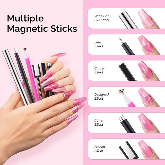 MelodySusie Nail Magnet Set, 16PCS Cat Eye Gel Nail Polish Magnets, Round Square Double Ended Magnet Stick, Cat Eye Magnet for Nails, Strong Magnetic Nail Polish Magnets Nail Design Tools