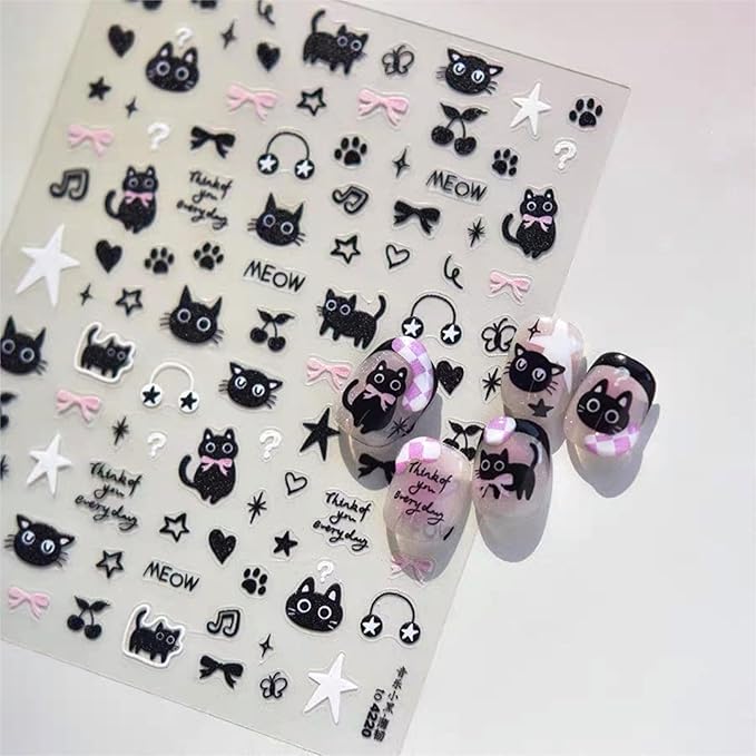 Dedyel 5D Embossed Cute Cat Nail Art Stickers Cartoon Kawaii Design Anime Self Adhesive Nail Stickers for Women Kids Girls Nails Art Decorations