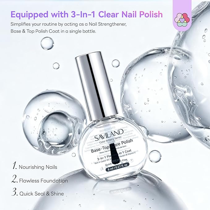 SAVILAND Quick-Dry Aurora Nail Polish Kit: 6+1 Colors Nail Polish Set with 3-in-1 Base Top Coat Cuticle Oil Pearl Glitter Pink Blue Green 12-Free Fingernail Polish Home DIY for Women Gift