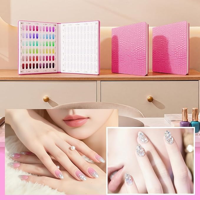 Segbeauty 120 Color Nail Swatches Polish Display Book, Pink Nail Color Display Book Sample, Nails Polish Organizer with 120 False Nails Tips, Gel Press On Nails Art Salon Supplies Holder Stand Case