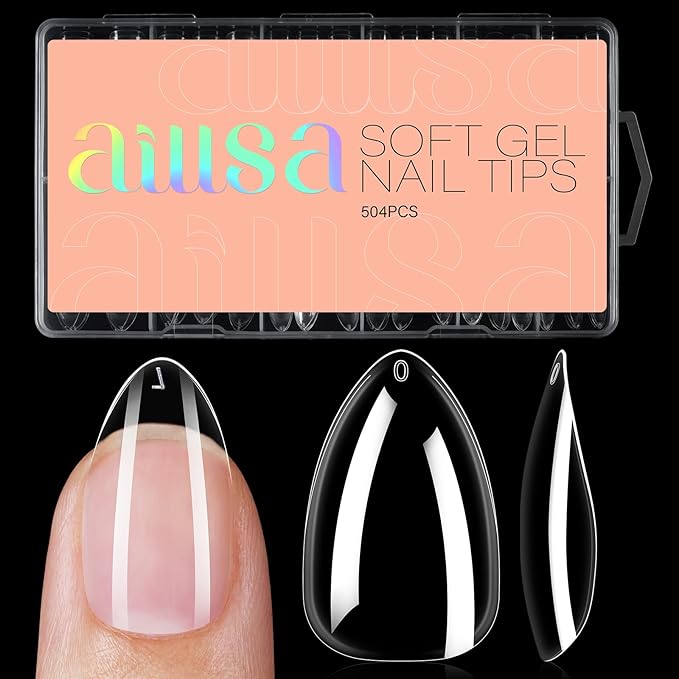 AILLSA Short Stiletto Nail Tips 504PCS Clear Full Cover Soft Nail Tips Gel Fake Nails Tips Preshaped Press on False Gelly Tips for Nail Extension DIY Home Salon Gift, 10 Sizes