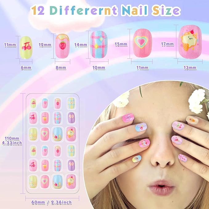 Shynek Kids Press Nails for Girls, 168Pcs Children Fake Nails Pre Glue Nail Stickers Full Cover Short False Nails Set for Girls Gift Nail Art Decoration
