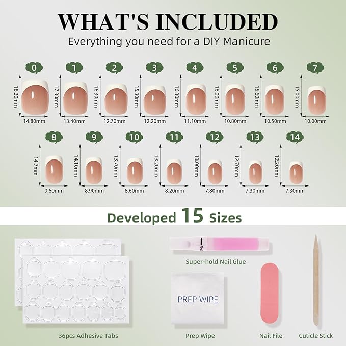 White French Tip Press On Nails - Brown Short Square Fake Nails, Square Press On Nails Reusable Stick On Nails in 15 Sizes, 30pcs False Nail Kit for Women & Girls (Cocoa French)