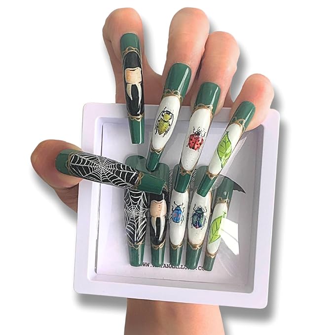 ARYANA NEW YORK Press On Nails Coffin - Handmade, Reusable, Luxury Long Coffin Nails 10 Pcs Handmade Nail Set, Oddities Beetles Collection - (Small)