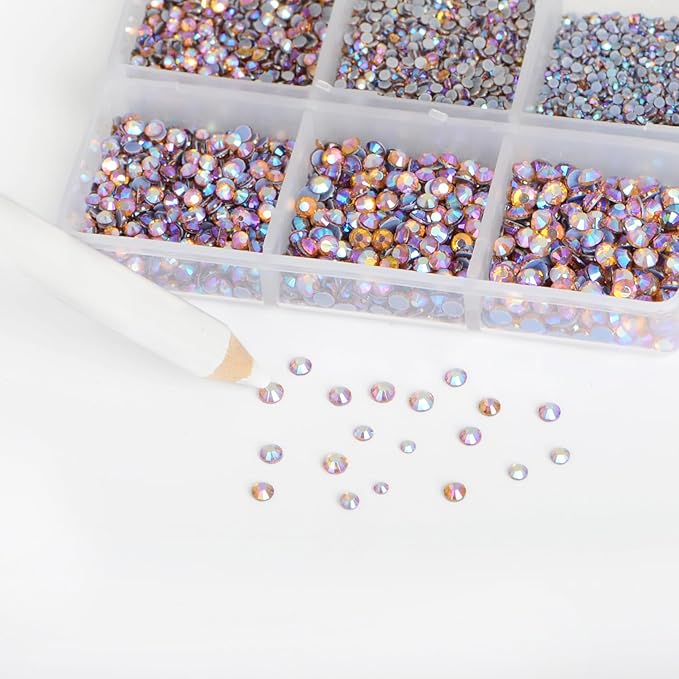 Bymitel Hotfix Crystal Rhinestones Round Gems for Crafts,Mixed 6 Sizes with Wax Pencil Kit, Topaz AB 1.3-3.2mm(SS3-SS12/8000pcs)