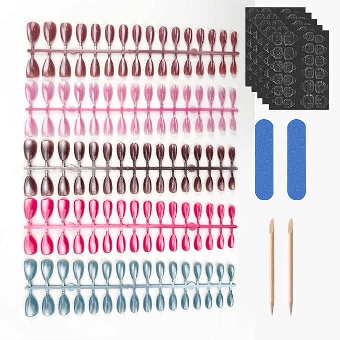 150Pcs Almond Press on Nails Short Fake Nails Cat Eye Soft Gel Acrylic Glue On Nails Full Cover Glitter False Nail Tips Kit Reusable Glossy Artificial Stick on Nails for Women Manicure 15 Size