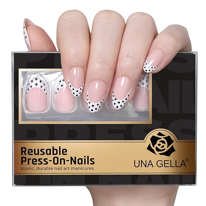 UNA GELLA 32Pcs Soft Gel Press on Nails - 16 Sizes Polka Dot French Tip Almond Glue on Nails, Reusable Nude False Nails with Black Dots, Full Cover Acrylic Nail Kit for Women DIY Home Manicure