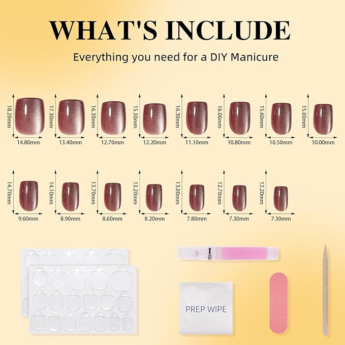 Press On Nails - Short Square Press on Nails Rose Glazed Nails Press Ons for Women DIY Fake Nails Kit with Glue, Glossy Reusable Glue on Nails Short in 15 Sizes - 30pcs, Rosewood Glow