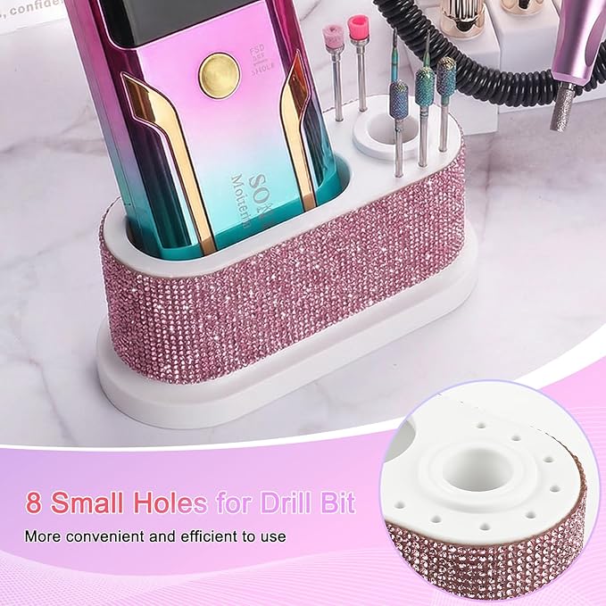 ANGNYA Nail Drill Machine Holder with Pink Rhinestones, 8 Holes Nail Drill Bit Holder, Nail Efile Stand and Organizer Storage Box Case