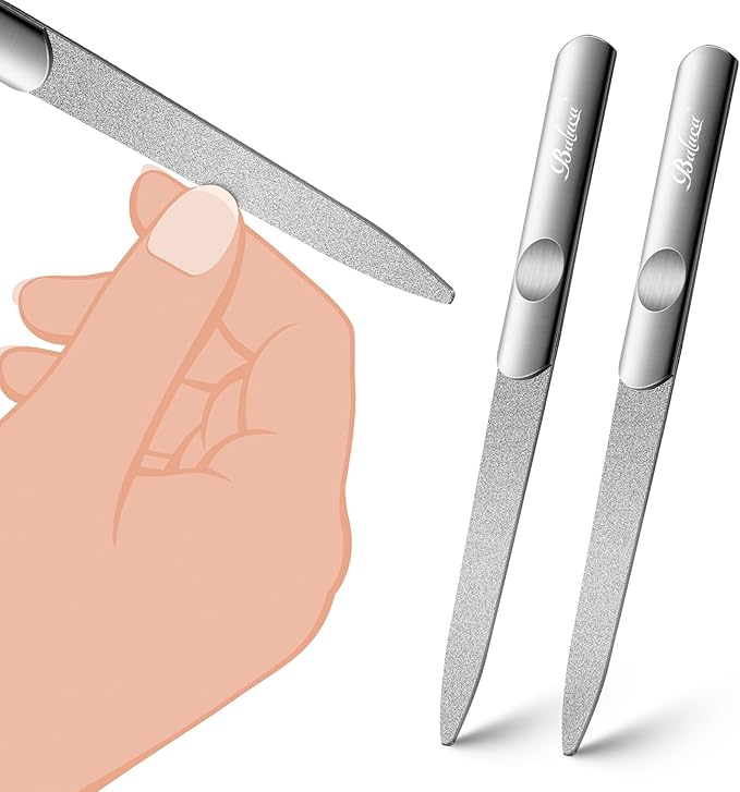 BALUCA Stainless Steel Diamond Nail File for Natural Acrylic Nails, Double Sided Metal Fingernail Toenail File for Women, Durable and Efficient Nail Care Tool