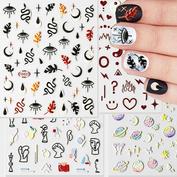 Nail Art Stickers New 5D Stereoscopic Embossed Self-Adhesive Nail Decals, Evil Eyes &Snake &Abstract Faces Hearts Nail Stickers for Nail Art Decoration Women Girls Gift (4 Sheets)