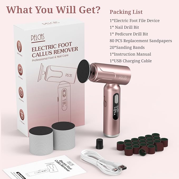 PELCAS Electric Foot Callus Remover with LED Screen, 2 in 1 Manicure & Pedicure Kit, 100 PCS Sandpapers Electric Foot File for Women & Men, Cordless Feet Filer for Foot Callus, Thick Nails Pink