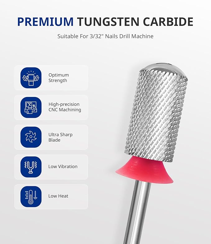 AIRSEE Tungsten Carbide Acrylic Nail Drill Bit Efile Electric File Machine Head Tip for Manicure Polishing Art Remove Gel 3/32" 2 Way Beginner Safety Round Top Cylinder Barrel Fine-F