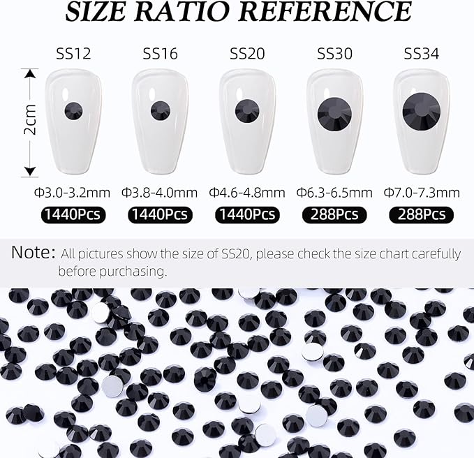 Black Flatback Rhinestones, Glass Rhinestones for Nail Art and Craft, Glue Fix, Loose Crystal Gemstones(Black, SS30, 288pcs, 6.4-6.6mm)