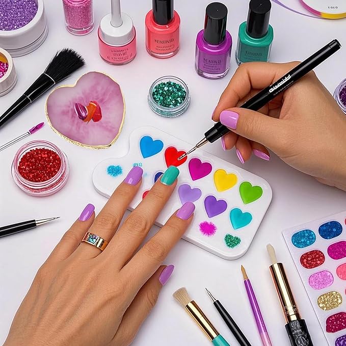 2 Pcs Resin Nail Art Palette, Nail Painting Mixing Tray with Gold Edge, Nail Art Display Board, Nail Polish Holder for Nail Design, Manicure Tools for Nail Artists (F-Heart-Shaped Pink + Blue)