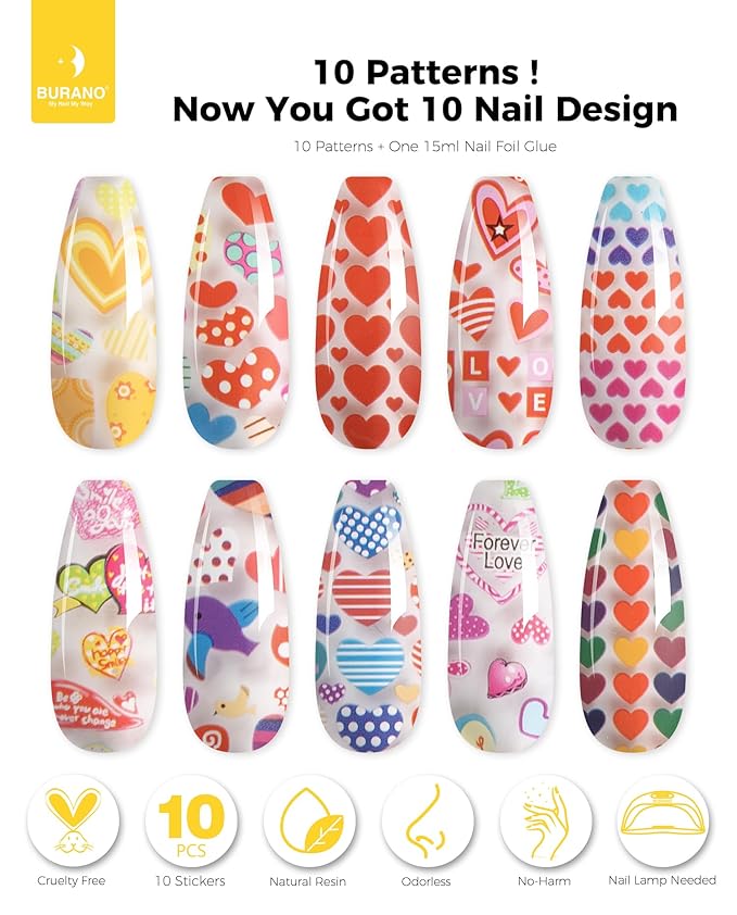 BURANO Nail Art Nail Foil Glue Gel, o.5 oz with 10PCS Foil Stickers Set Nail Foil Glue for Nails Foil Transfer Gel, Nail Design DIY UV LED Lamp Required (Love 34)
