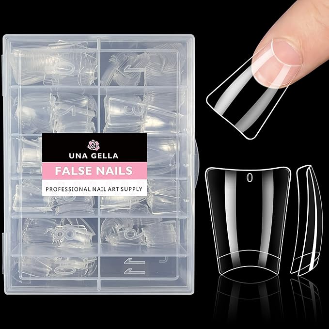 UNA GELLA Duck Fake Nail Tips 504 PCS Clear Soft Gel Short Half Cover Nail Tips Curved for Nail Extensions Professional Salon & Home DIY Nail Art 11 Sizes