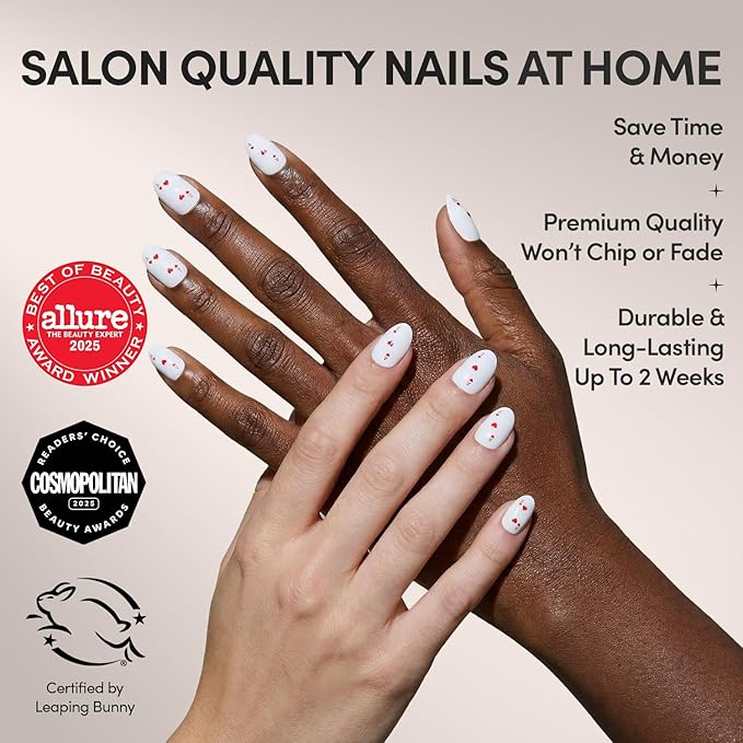 Valentines Day Glamnetic Press On Nails - Ace of Hearts | Short Oval Fake Nails in White Solid Base with Raised Ace of Hearts Graphics in a Glossy Finish | 15 Sizes - 30 Nail Kit with Glue