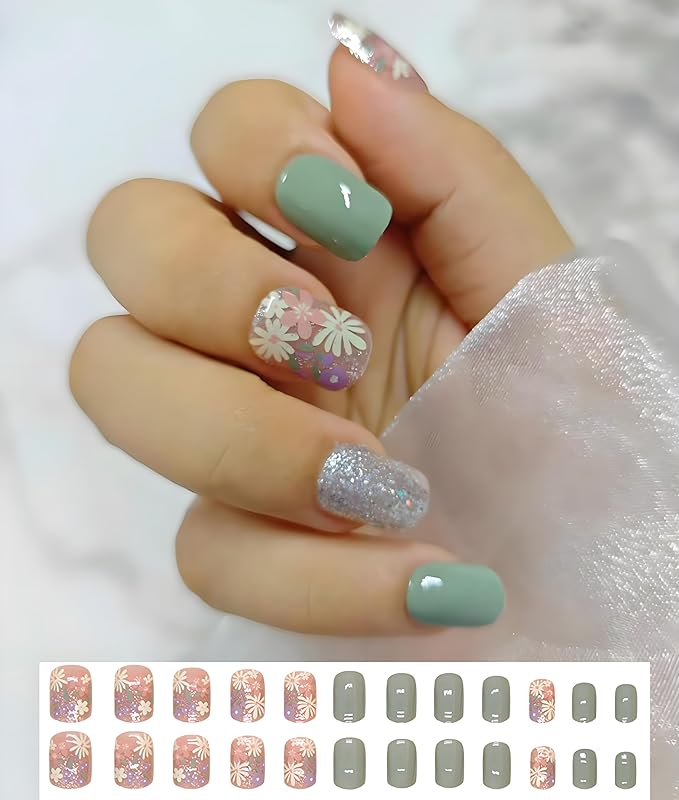 Pre-Designed Short Square Press on Nails Kit, 168 Pieces, 7 Designs Fake Nails, with 2 Bottles Reliable hold Nail Glue and Nail tools, All in 1 Stick on Nails (Short Square finger nail kit)