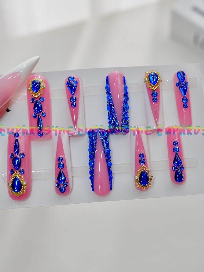 10PCS Pink and Blue Rhinestone Press On Nails – Long Coffin Fake Nails with Large Gem Charms & Glitter Accents, Glossy Reusable Luxury Party Nails for Women and Girls – Euphrosyne