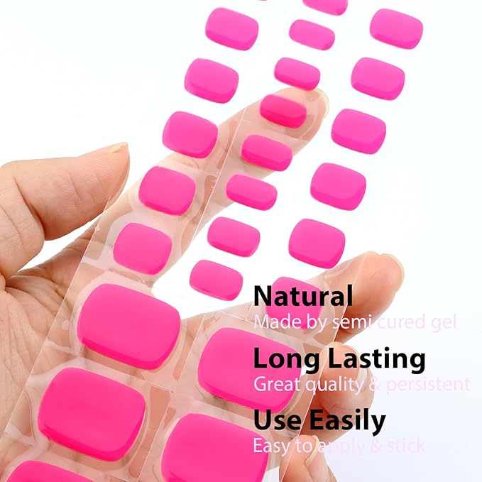 26 Pcs Semi Cured Gel Toe Nail Strips Hot Pink Gel Nail Stickers Full Cover Nails Wraps Self Adhesive Toe Nails Polish Strips Stickers for Women UV/LED Light Required