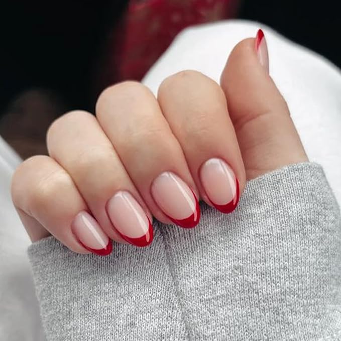 Modelones Red French Tip Press on Nails Short, Spring Oval Fake Nails, Reusable Nail Kit with Nail Glue Adhesive Tabs Mini Nail File, Nails Press Ons 32Pcs 16Sizes, Women Girl Gift