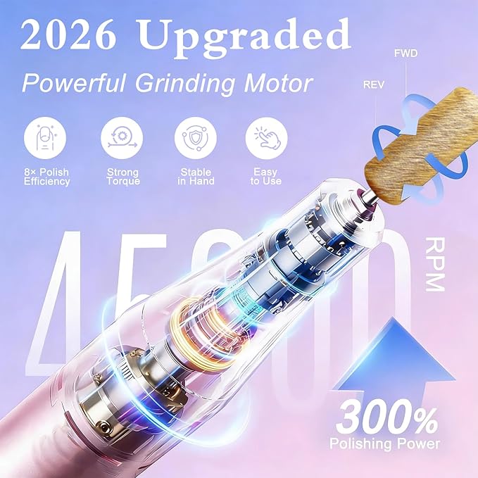 Nail Drill Professional 45000RPM Electric Nail File Kit, Upgraded Rechargeable Cordless Efile Set, Portable Acrylic Gel Nail Polish Remover Machine,Manicure Tool with 11 Gold Bits for Home/Salon