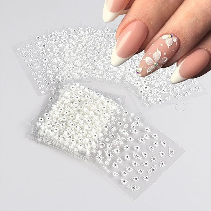30 Sheets White Flower Nail Art Stickers 3D Self Adhesive Floral Nail Decals Flower with Rhinestones Nail Art Supplies White Flower Nail Stickers for Women Girls Manicure Decoration