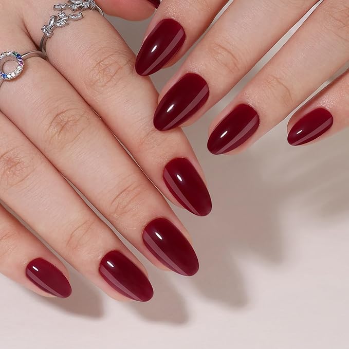 Wine Red Soft Gel Press on Nails Short Fake Nails Almond Shaped Thickened Stick on Nails Full Cover Acrylic Nails Solid Color Designs Glossy False Nails with Nails Glue for Women DIY Manicure