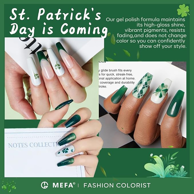 MEFA Green Gel Nail Polish, St. Patrick's Day 6 Colors Green Glitter Nail Polish Gel Dark Avocado Sage Evergreen Sparkle Polish Set Soak Off Nail Art DIY Salon Manicure Nail Art Gifts for Women