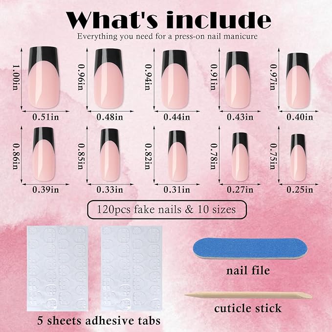 AddFavor French Tip Press on Nails Square Fake Nails, 120pcs Black French Tips Nails Medium Glossy Nude Nails Press on Artificial False Nail Square Stick on Nails with Adhesive Tab for Women Girls