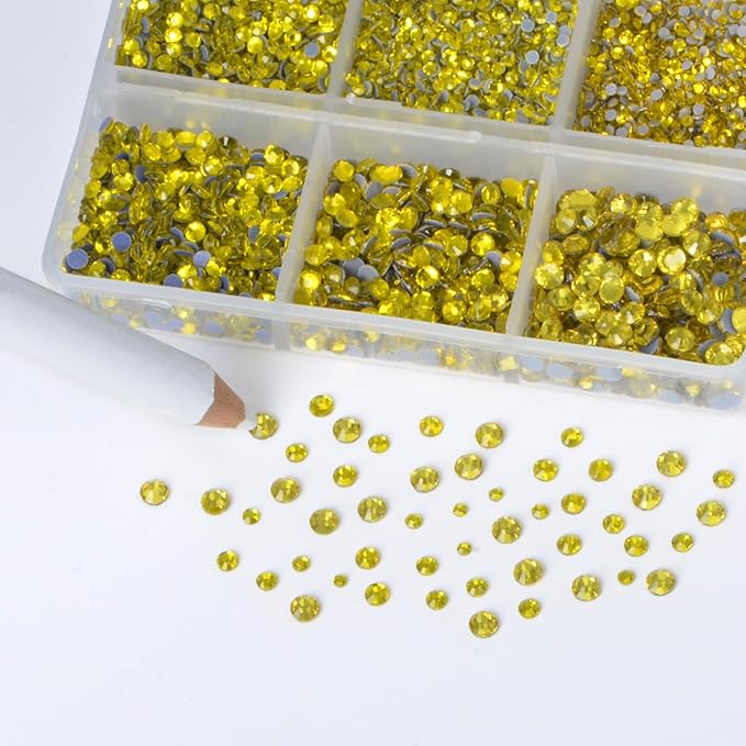 Bymitel Hotfix Crystal Rhinestones Round Gems for Crafts,Mixed 6 Sizes with Wax Pencil Kit, Citrine1.3-3.2mm(SS3-SS12/8000pcs)