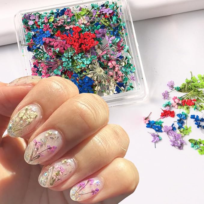 4Box 3D Dried Flowers Nail Art Stickers Colorful Dry Flower for Nails Kit - DIY Mini Mix Flower Petals Nail Stickers Natural Floral Dried Flower Decals for Nails Design Manicure Accessories Craft