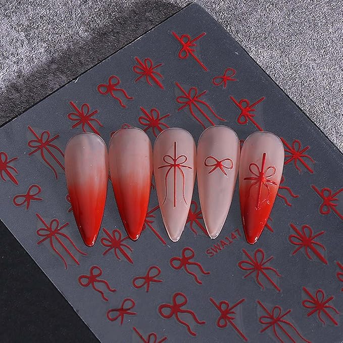 6 Sheets Bow Nail Stickers for Nail Art Christmas Nail Design Decals - Red,Green,Gold Bows Stickers for Nails,Christmas DIY Manicure Decor for Women Girls