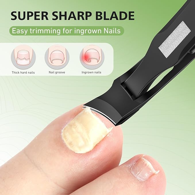 Slanted Curved Blade Ingrown Toenail Clippers for Thick Toenails, Angled Toe Nail Fingernail Cutter Trimmer for Seniors and Men - Black (Black Nail Clipper with File)