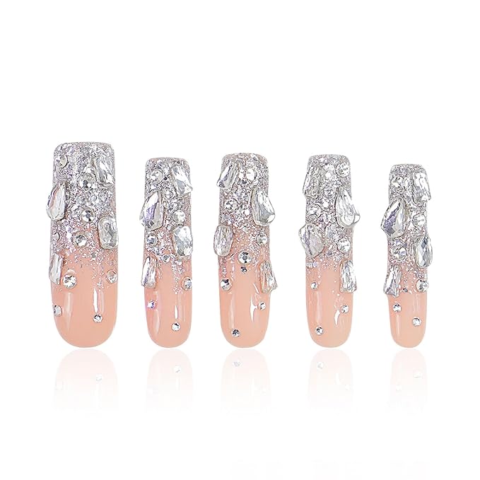 LOVFUL Press on Nails Silver Wind| Handmade with Full Covered Crystals| Reusable Fake Nails| Square Mid length 1.7in| H126-S