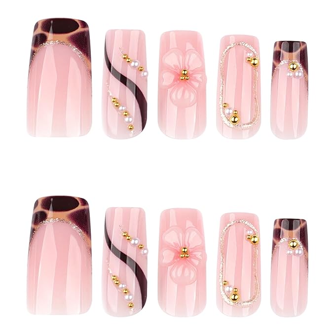 Press on Nails Square - Medium Fake Nails with Flower Design - Leopard Print French Tip False Nails - for Women 24 Pcs