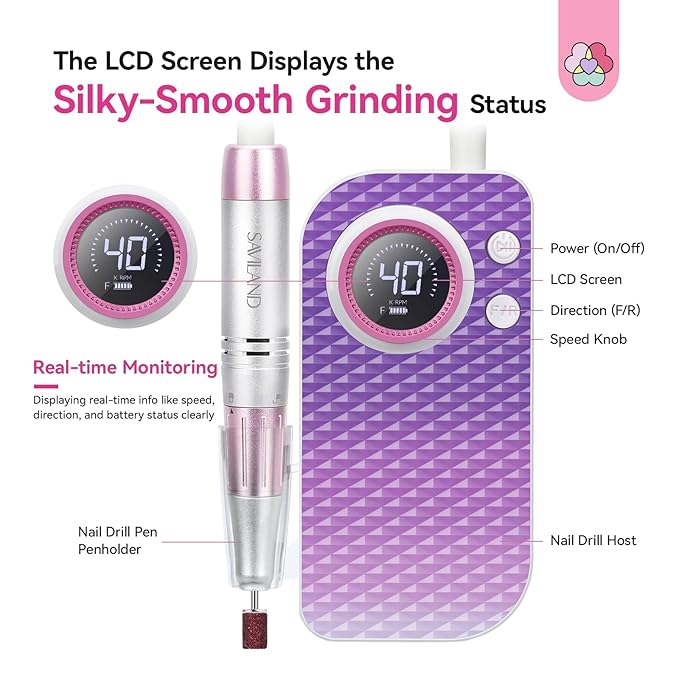 SAVILAND Electric Nail Drill: 40000RPM High-Torque Nail File Quick Removal for Acrylic Nails Easy Operation Portable Nail Drill for Beginner Home DIY Nail Art Manicure Pedicure