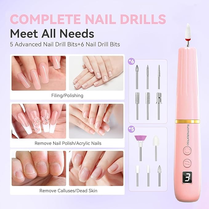 Professional Electric Nail Drill File, Cordless Nail Drill Machine kit for Acrylic Gel Dip, 12 in 1 Nail Machine Kit Portable Rechargeable Manicure Pedicure Tools for Home Salon(Pink)