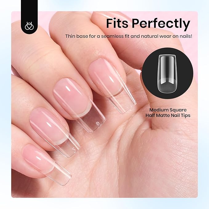 Beetles Gel Nail Tips Square Medium, 288Pcs 12 Sizes Pre-Etched Half Matte Soft Acrylic False Nail Tips Full Cover Easy DIY Fake Etch-X Press On Nail Extension Salon Gift for Women