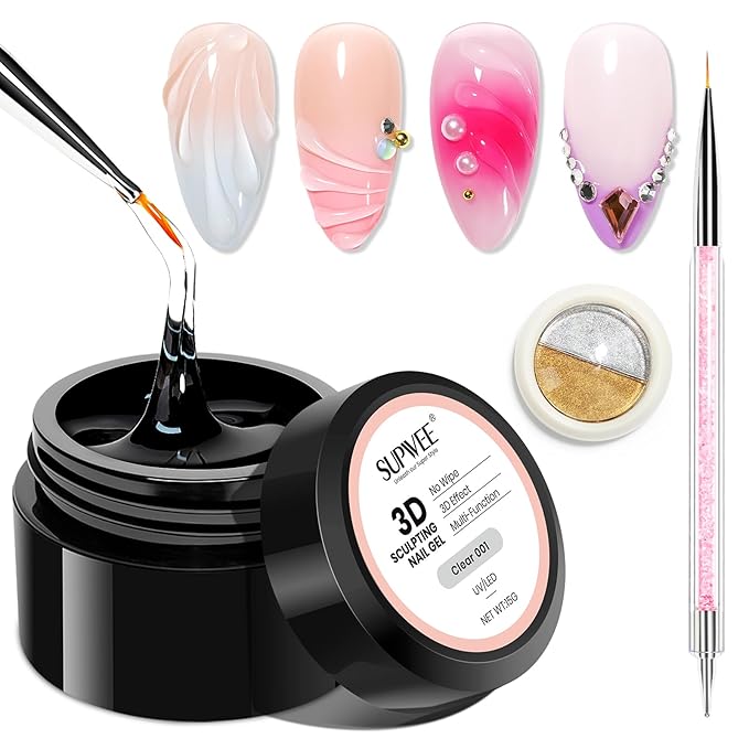 3D Gel Nail Art with No Wipe Chrome Powder Sculpting Painting Gel for Nail Charms Rhinestone Decoration Adhesive with Nails Art Brushes DIY Manicure at Home