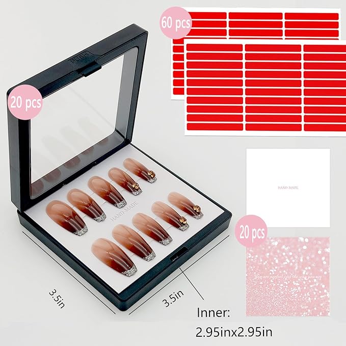 Press On Nail Packaging Boxes 3D Floating Press On Nail Storage Box Nail Display Box with 60pcs Double Sided Adhesive Nail Display Tape for Nail Tech (Black, 3.5 inch)