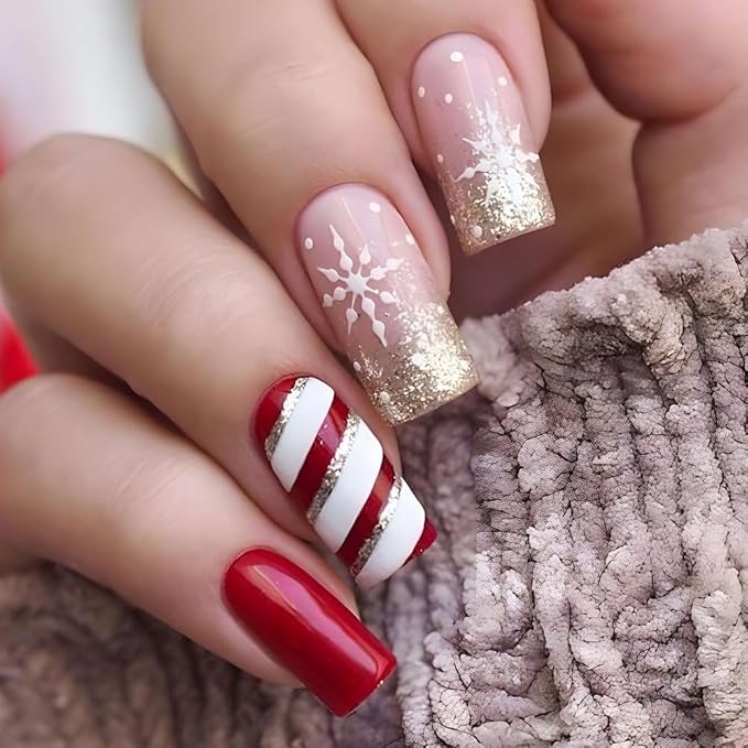 24Pcs Medium Press on Nails Square Christmas Fake Nails White Snowflakes Full Cover False Nails with Golden Glitter Powder Design Acrylic Nails Reusable Stick On Nails For Women and Girls