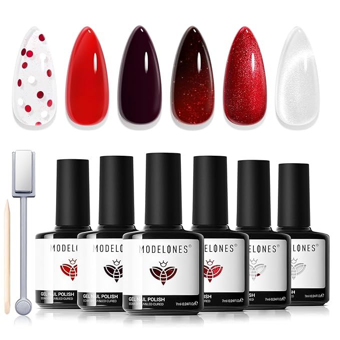 modelones Red Gel Nail Polish Set, 6 Colors 2026 Burgundy Bloody Wine Dark Red Jelly Pearl Glitter Gel Polish Silver Cat Eye Nail Polish with Liner Pen& Magnet& Wooden Stick LED Gift