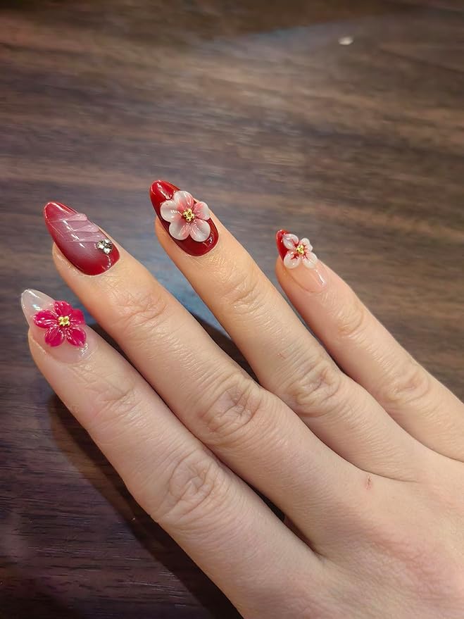 10 short Almond Handmade Press On Nails | 3D Floral Red & Nude Romantic Cherry Blossom Design with Rhinestones,New styles | Skip Salon Trips, Easy to Apply & Remove, Reusable (251108, M)